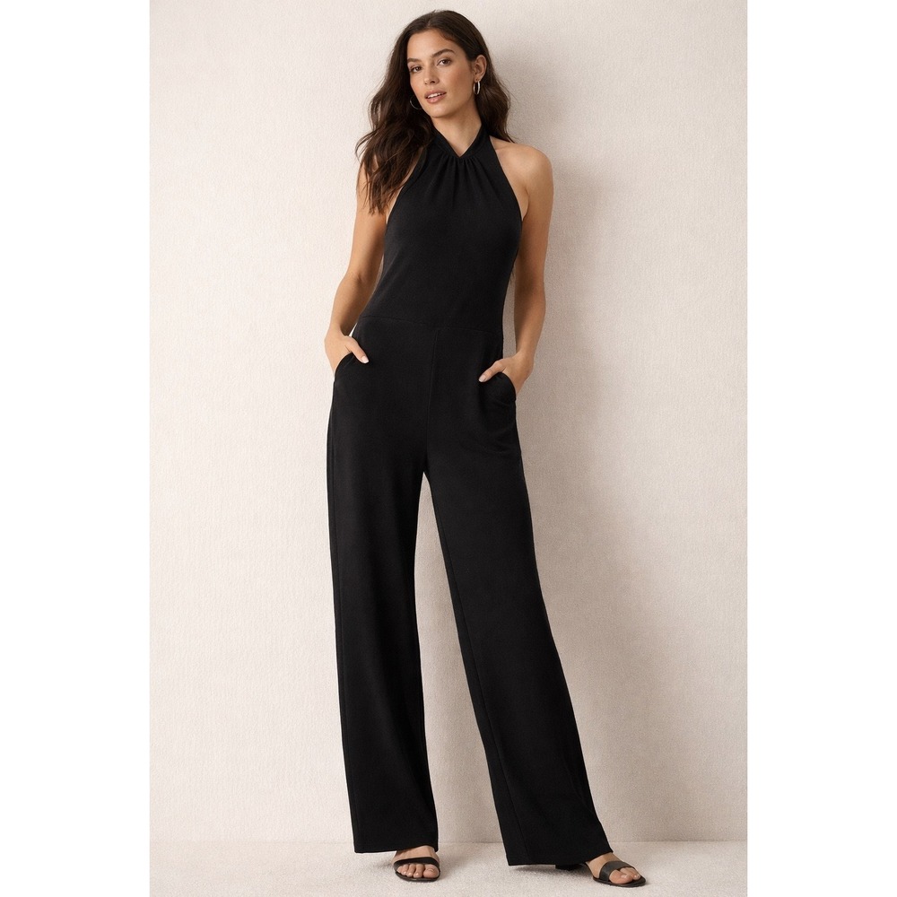 Spanx‎ AirEssentials Halter Jumpsuit Very Black Wide Leg XL 21415R New